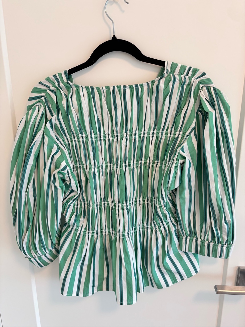 Ganni Green & White Striped Smocked Peplum Top - Picture 2 of 4